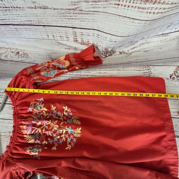 Free People Red Fleur Du Jour Mini Dress S Bold Floral Embroidered Boho Festival - Picture 13 of 14